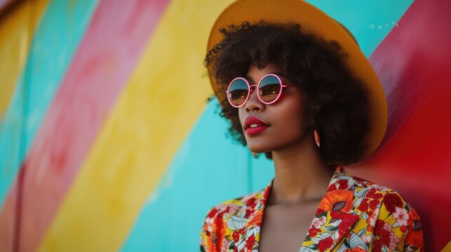 Fashion-forward woman sporting an afro, yellow hat, and pink sunglasses against a colorful striped background in summer