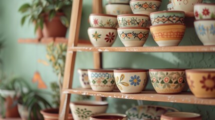 Hand painted terracotta pots arranged on a wooden ladder shelf, each pot featuring unique floral and geometric designs, against a pastel-hued wall - obrazy, fototapety, plakaty
