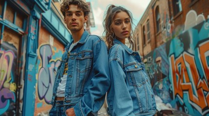 Stylish couple in matching unisex denim, urban background with graffiti, blurring gender norms.