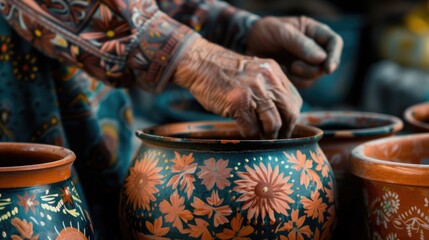 Close-up of an artisan's hands intricately painting a floral motif on a terracotta pot, showcasing traditional handicraft skills.. - obrazy, fototapety, plakaty