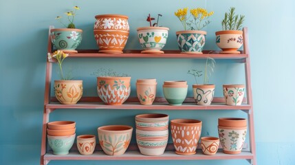 A close-up of vibrant hand-painted terracotta pots arranged on wooden shelves
