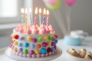 Vibrant birthday cake adorned with rainbow sprinkles and tall colorful candles, set against a backdrop of soft bokeh light for a festive atmosphere..