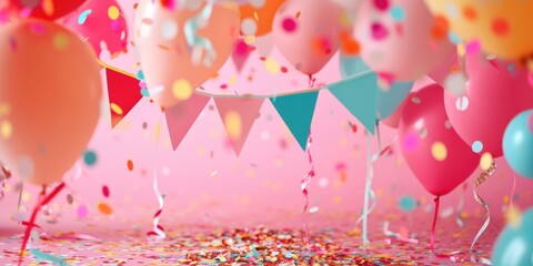 Festive party scene with vibrant balloons, scattered confetti, and cheerful bunting flags in a bright, celebratory setting..