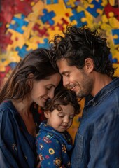 Obraz premium Family portrait for Autism Acceptance Month, symbols of awareness, tender connection.