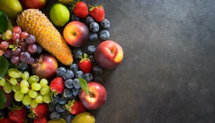 fruits and berries on a dark backdrop - obrazy, fototapety, plakaty