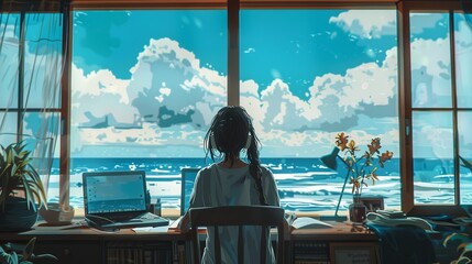illustration of A girl is sitting in front of a desk, with a laptop in front of her, by the seaside,anime,pc, Lofigirl,Long Shot, 4K resolution, doodle, photo realistic