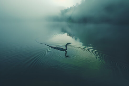 cinematic documentary photography A vast lake with a long necked dragon on its surface,
