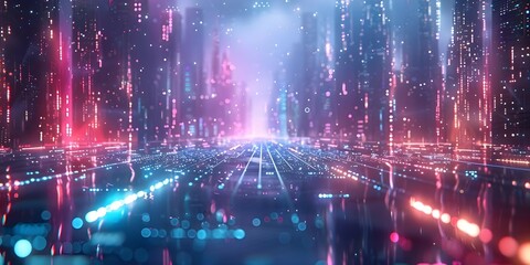Exploring a Technologically Advanced Cityscape with Vibrant Lights and Abstract Tech Background in Cyberspace. Concept Cyberspace Photography, Technological Cityscape, Vibrant Lights