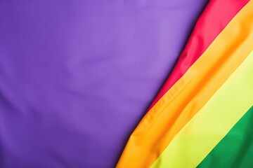 Close-up of a brightly colored rainbow pride flag draped over a purple fabric background. Rainbow Pride Flag Draped Over Purple Background