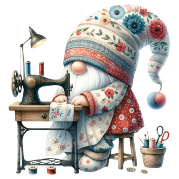 Sewing Gnome with Vintage Sewing Machine Illustration.