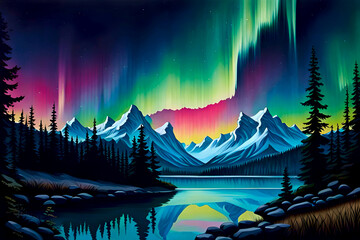 beautiful landscape watercolor painting of a nighttime aurora borealis, vivid rainbow of colors in the night sky, over a reflective lake in the snowy mountains
