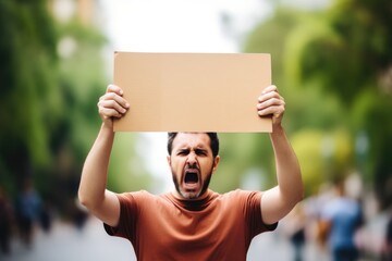 An enraged man loudly voicing his demands, holding a blank protest sign. Angry Man Protesting with Blank Cardboard Sign