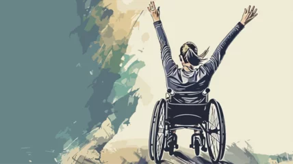 Foto op Plexiglas Rollstuhl Frau Behindert Behinderung Mädchen Vektor Lebensfreude Karte Sport Fröhlich Jubeln © THM