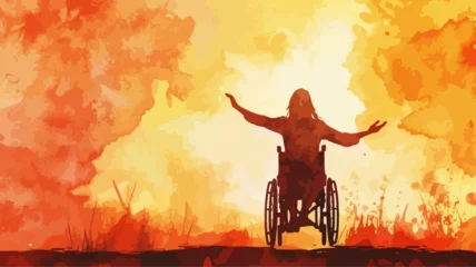Foto op Plexiglas Rollstuhl Frau Behindert Leben Freude Silhouette Fröhlich Jubeln Behinderung Invalide Mädchen Lebensfroh Vektor © THM