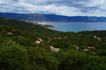 View of the landscape in Cap Benat, a cape on the Mediterranean Sea in Bormes-les-Mimosas near Le Lavandou on the French Riviera Cote d’Azur - 765980359