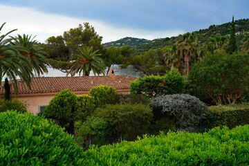 View of the landscape in Cap Benat, a cape on the Mediterranean Sea in Bormes-les-Mimosas near Le Lavandou on the French Riviera Cote d’Azur - 765980371