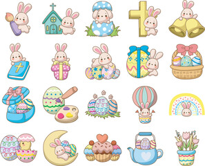 Fototapeta premium Easter bunny surprise stock illustration. Easter bunny gift in egg. Easter greeting card with cute little bunny. Symbol of joy.