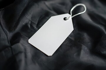 White hang tag on black fabric texture mockup.