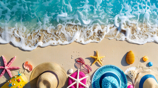 A creative image of a beach with summer items on sale, with details of the beach's beauty, the items' bright colors and patterns, and the people enjoying the sale.