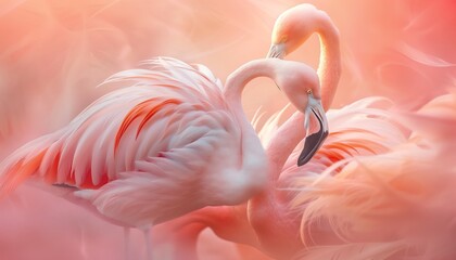 Naklejka premium Flamingos intimately curve their necks amidst a dreamlike pink mist, creating an image of elegance and serenity..