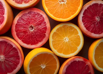 Foto op Plexiglas Vivid spread of various citrus fruits top close up view. © city