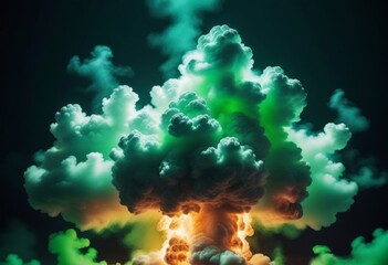 clouds of green neon radioactive smoke after fire, natural disaster or explosion.	