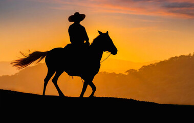 Cowboy riding a horse into the sunset.