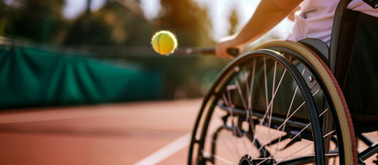 Disabled wheelchair athlete playing tennis. Inclusive adaptive sport concept. Tennis player with disability preparing to serve. Diversity & representation. Paralympian training. Copy space