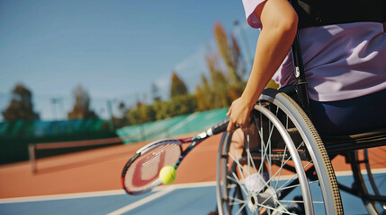 Disabled wheelchair athlete playing tennis. Inclusive adaptive sport concept. Tennis player with disability preparing to serve. Diversity & representation. Paralympian training. Copy space, blue sky - obrazy, fototapety, plakaty