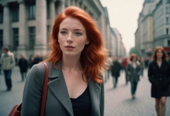 Fototapeta premium beautiful woman with red hair walking in financial business district in the city retro analog film