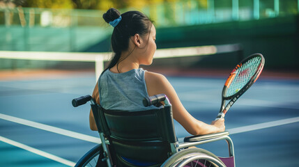 Disabled asian child in wheelchair playing tennis. Inclusive adaptive sport. Teenage tennis player with disability preparing to serve. Diversity & representation & inclusion in sports & education.  - obrazy, fototapety, plakaty