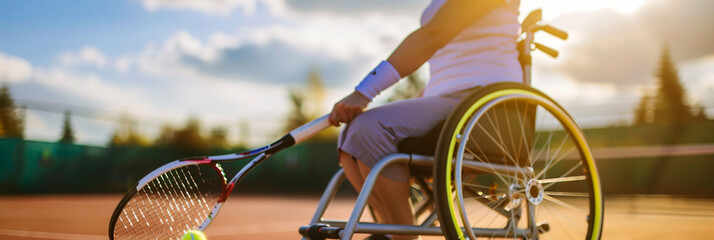 Disabled wheelchair athlete playing tennis. Inclusive adaptive sport concept. Tennis player with disability preparing to serve. Diversity & representation. Paralympian training. Copy space