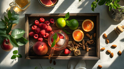 Oranges naturally lit in a boho style. Scene on a wooden kitchen countertop. - obrazy, fototapety, plakaty