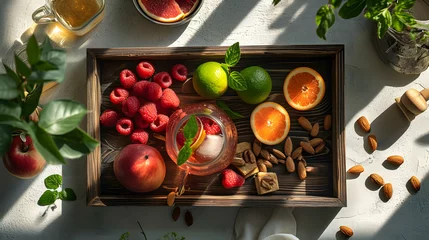 Foto op Aluminium Oranges naturally lit in a boho style. Scene on a wooden kitchen countertop. © city