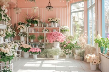 Fototapeta na wymiar A dreamy, sun-drenched interior of a flower shop filled with an abundant variety of pink flowers and lush greenery in a serene setting