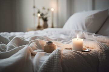 A serene bedroom setting featuring a single lit candle placed on the bed, creating a warm and inviting ambiance, emphasizing relaxation and tranquility in home comfort
