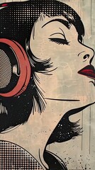 a painting of a woman with headphones on