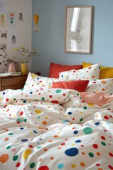 A cheerful bedroom featuring a bed with white, polka dot bedding and a mix of colorful pillows, creating a playful and inviting atmosphere..