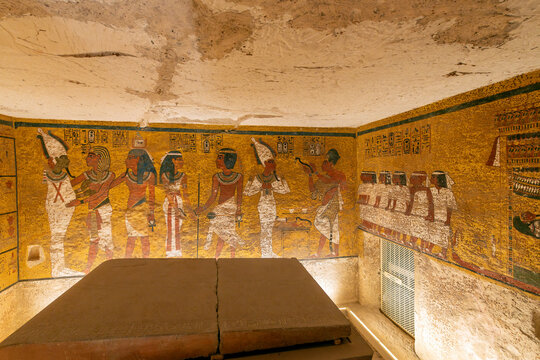 Interior view of the inner chamber and ancient sarcophagus tomb of Pharoah King Tutankhamun, tomb KV62 in the Valley of the Kings, Luxor Egypt on November 27 2022.	