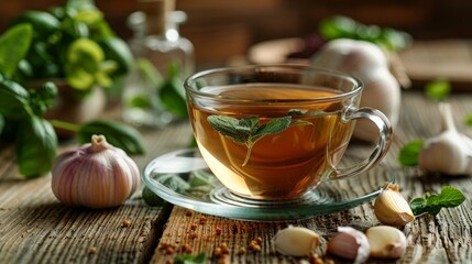 Green tea and garlic: Nature duo against clogged arteries, illustrated as mystical healers in an artery journey towards health - obrazy, fototapety, plakaty