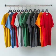 Close-up of Colorful t-shirts on hangers isolated on white background, copy space