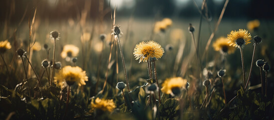yellow dandelions in nature in warm summer - Powered by Adobe