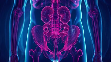 3D rendering of human urinary system, kidneys and bladder anatomy medical illustration - obrazy, fototapety, plakaty