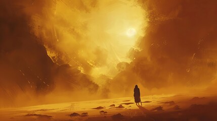 Atmospheric concept illustration capturing the essence of a lonely traveler in a vast desert - obrazy, fototapety, plakaty