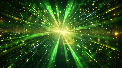 Fototapeta na wymiar Asymmetric green light burst on dark background, sparkling golden rays, abstract illustration