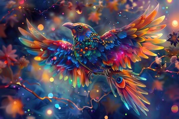 magic fairytale colourful bird - obrazy, fototapety, plakaty