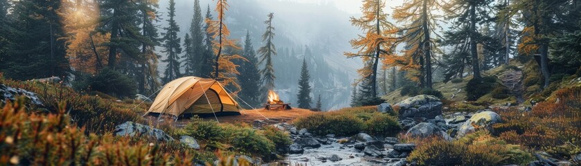 A camping site in the heart of the forest with a tent