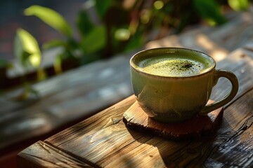 hot matcha latte on a rustic wooden table