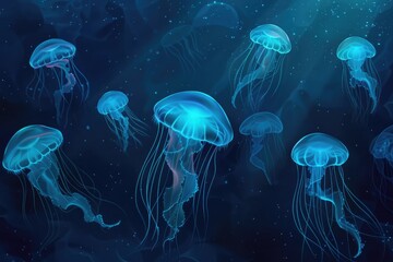 lots of light blue jelly fish swimming in sea, dark background