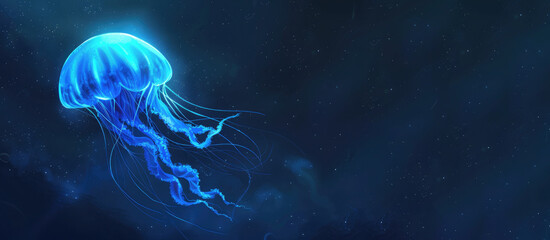 Naklejka premium light blue jelly fish swimming in sea, dark background, banner with copy space